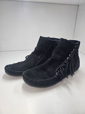Minnetonka Black Suede Fringe Ankle Booties